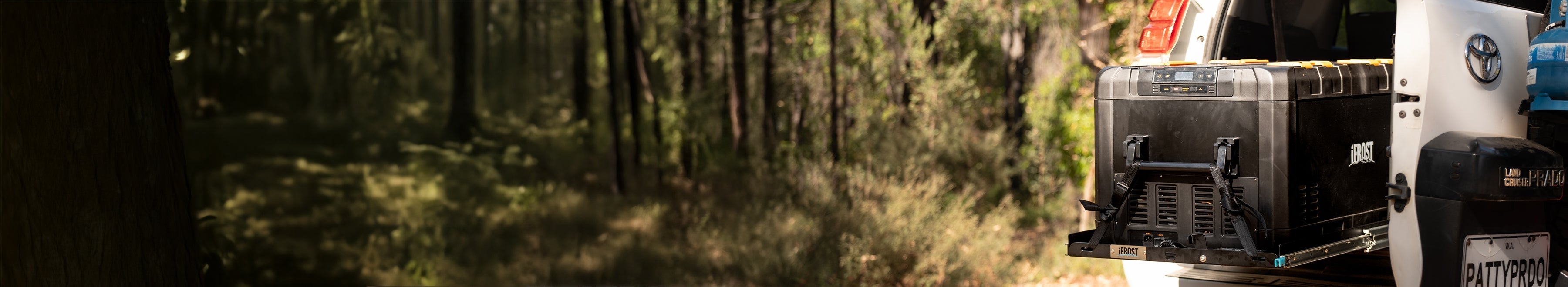 A portable fridge attached to the open back of a white vehicle, parked in a sunlit forest with trees and a dirt path in the background.