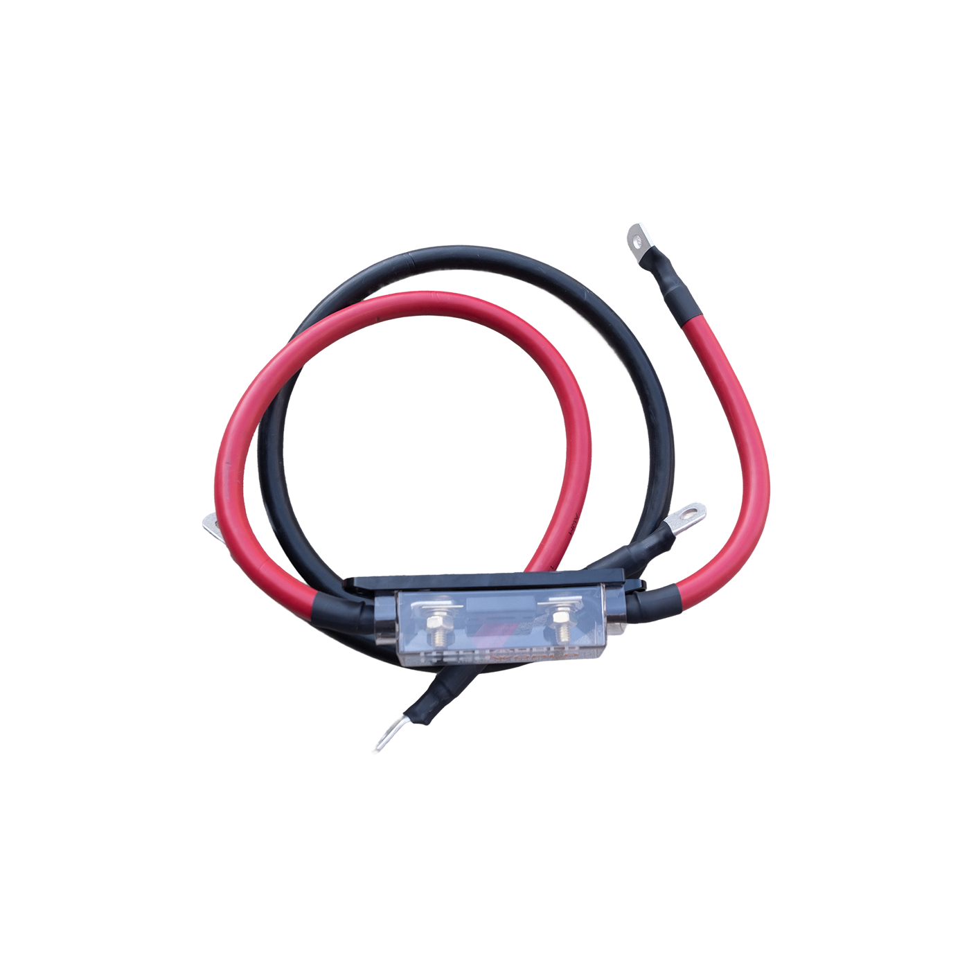 The iTechworld 0AWG Inverter Cable set includes red and black cables with ring terminals and a transparent 175A fuse holder, coiled together for secure 1000W inverter setups—ideal for safe battery connections.