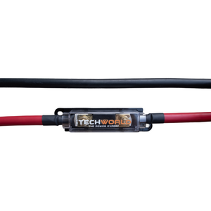 A black and a red 0AWG inverter cable with a 175A fuse are joined in a clear inline holder labeled iTechworld, ideal for a 1000W inverter setup.