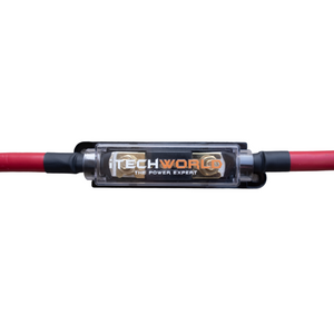 A close-up of an iTechworld 0AWG Inverter Cable with a 175A fuse and red power cables attached. The clear-cased holder features gold connectors and is labeled "iTechworld The Power Expert" for secure battery connection.