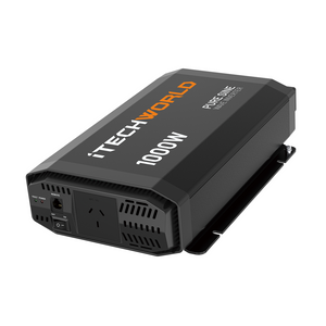The iTechworld 1000W Pure Sine Wave Inverter (12V to 240V) in black is angled to display its power socket, USB port, and ventilation grilles against a white background—ideal for reliable off-grid power.