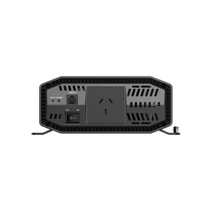 The iTechworld 1000W Pure Sine Wave Inverter (12V to 240V) features vents, central power socket, on/off switch, two status lights, remote port, and fuse—ideal for off-grid use—shown from the back against a white background.