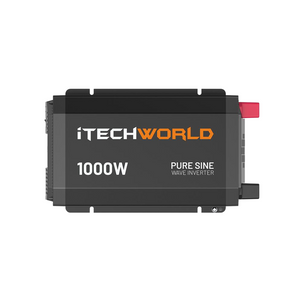 Top view of the iTechworld 1000W Pure Sine Wave Inverter (12V to 240V) with orange and white branding and visible input/output terminals on the right side, designed for off-grid power.