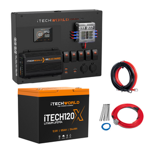 The iTECH120X and Control Hub with iTECHDCDC40/25 | Lithium 4WD Kit | 105Ah from iTechworld, ideal for your 12V build or dual battery system, is displayed on a white background.
