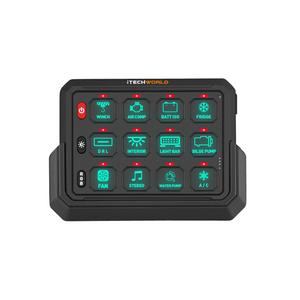 The iTechworld | Wireless Switch Panel | 12 GANG features a rectangular black design with twelve illuminated, labeled buttons for winch, air compressor, fridge, lights, and more—perfect for 4WD accessories. Brand: iTechworld.