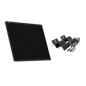 The iTechworld 170W Short Hard Frame Solar Panel Bundle, featuring a black rectangular panel with orange corners, is shown beside included black mounting brackets, screws, and washers against a white background.