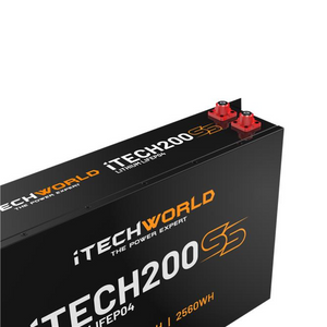 A close-up of the iTECH200SS Super Slim Deep Cycle Lithium Battery (LiFePO4 200Ah) features black casing with orange and white text, two red terminals, and Bluetooth battery monitoring enabled.