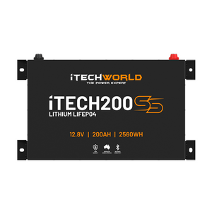 Front view of an iTECH200SS Super Slim Deep Cycle Lithium Battery with Bluetooth, showing 12.8V, 200Ah, 2560Wh specs, orange and white text, icons, top terminal posts, and Bluetooth monitoring.