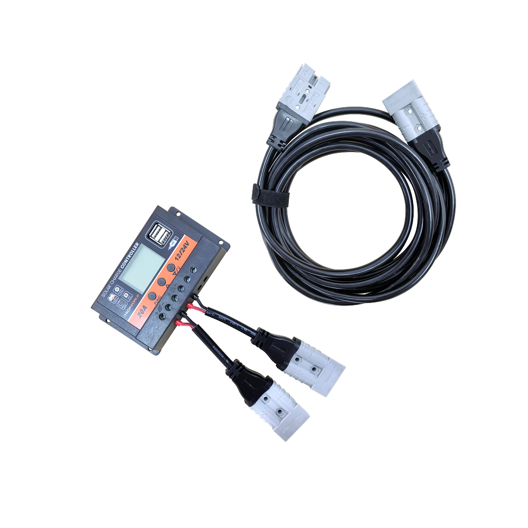 The iTechworld 200W Solar Mat with Raptor Skin features a black digital controller with buttons and display, attached to black power cables with gray connectors. A separate coiled black cable with gray connectors sits next to the controller.