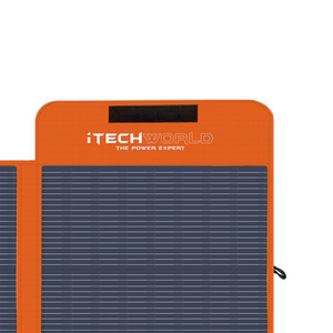 Close-up of an orange iTechworld 200W Solar Mat with Raptor Skin, a foldable solar panel ideal for off-grid power, featuring the brand name above the solar cells.