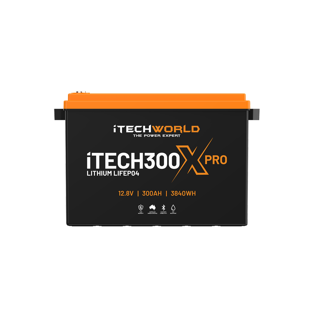 A black iTechworld iTECH300X PRO Deep Cycle Lithium Battery with Bluetooth, orange top, and LiFePO4 12.8V 300Ah 3840Wh specs is shown on a white background, designed for off-grid power.