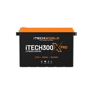A black iTechworld iTECH300X PRO Deep Cycle Lithium Battery with Bluetooth, orange top, and LiFePO4 12.8V 300Ah 3840Wh specs is shown on a white background, designed for off-grid power.