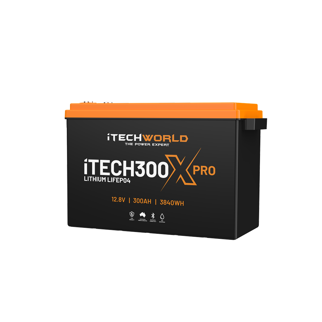 The iTechworld iTECH300X PRO Deep Cycle Lithium Battery, LiFePO4 300Ah with Bluetooth, is shown against a white background—ideal for off-grid power solutions.