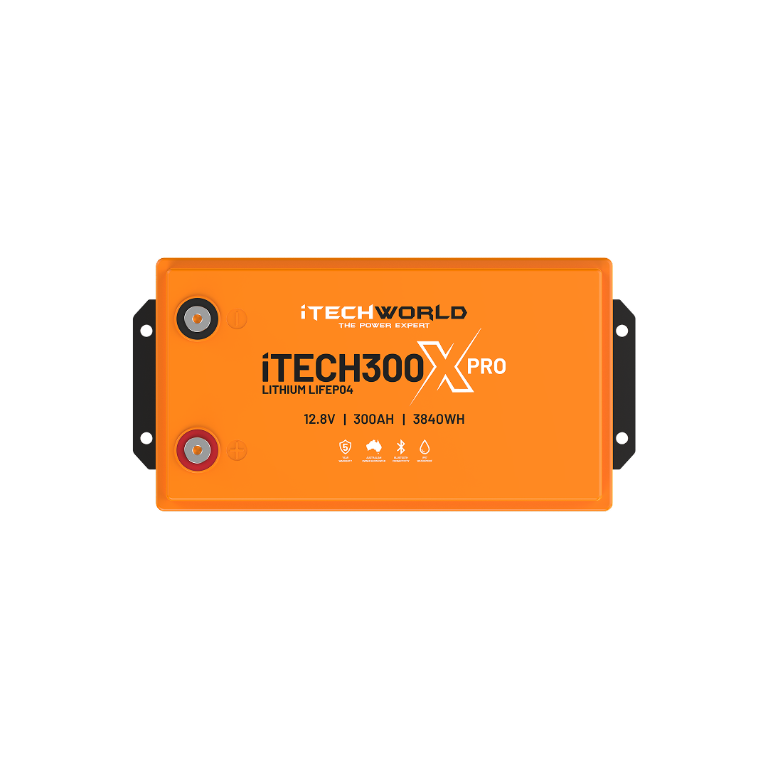 ITechworld iTECH300X PRO Deep Cycle LiFePO4 lithium battery (300Ah) with Bluetooth and two terminal posts; branding and product details visible on the front—ideal for off-grid power needs.
