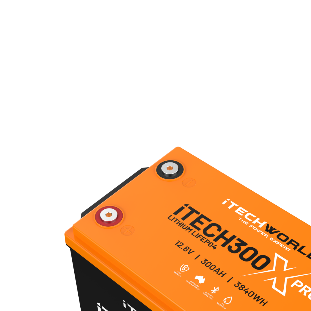 Partial view of iTechworld’s iTECH300X PRO Deep Cycle Lithium Battery (LiFePO4 300Ah) with Bluetooth, showing top terminals—ideal for off-grid power—product details are visible on its label.