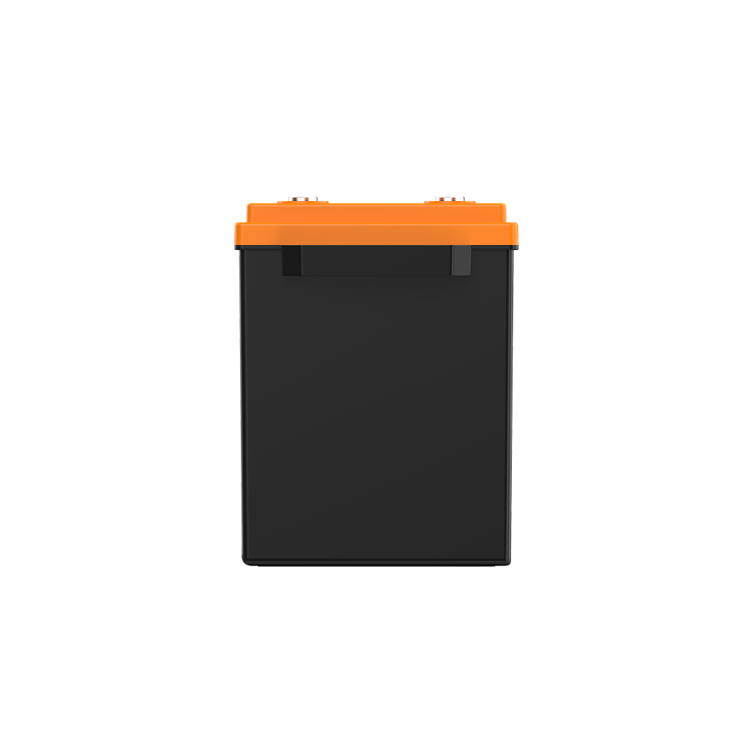 The iTechworld iTECH300X PRO is a black, rectangular 300Ah LiFePO4 deep cycle lithium battery with an orange top and two metal terminals—ideal for off-grid solutions. Bluetooth connectivity included.