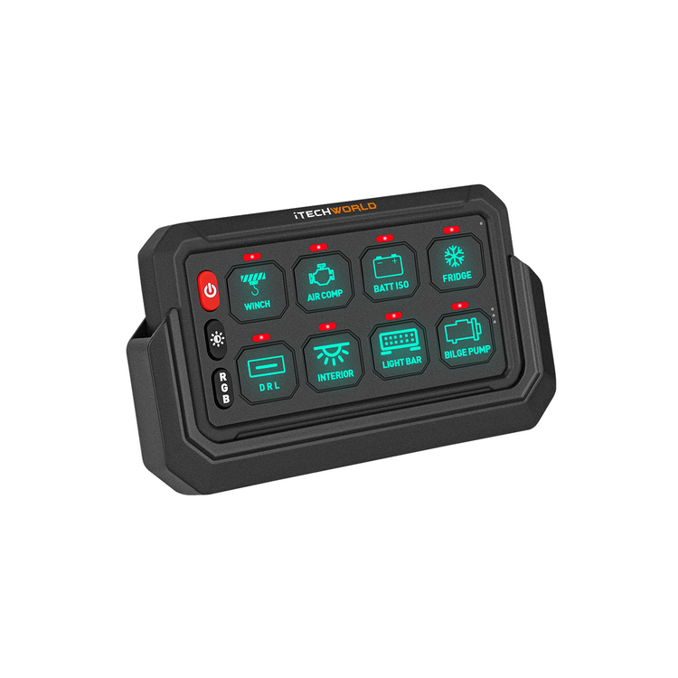 The iTechworld | Wireless Switch Panel | 8 GANG is a black, rectangular panel with eight illuminated buttons for easy wireless control of 12V accessories like winches, air compressors, fridges, DRLs, and interior lights.