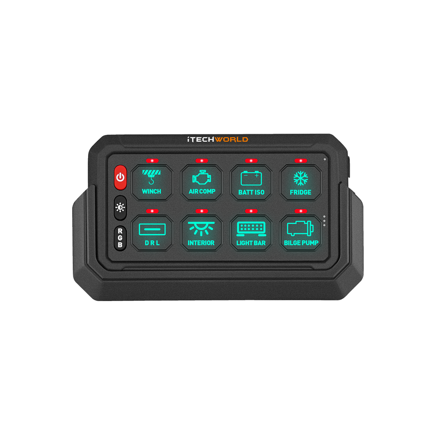 The iTechworld | Wireless Switch Panel | 8 GANG is a black panel with eight illuminated buttons to control 12V accessories—Winch, Air Comp, Batt Iso, Fridge, DRL, Interior, Light Bar, Bilge Pump—plus RGB and power buttons on the left.