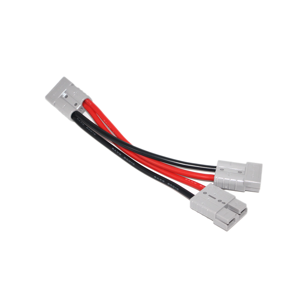 The iTechworld Anderson Parallel Cable | 50A features two gray connectors on one end, a single gray connector on the other, and red/black wires—ideal for linking lithium batteries—shown isolated against a white background.