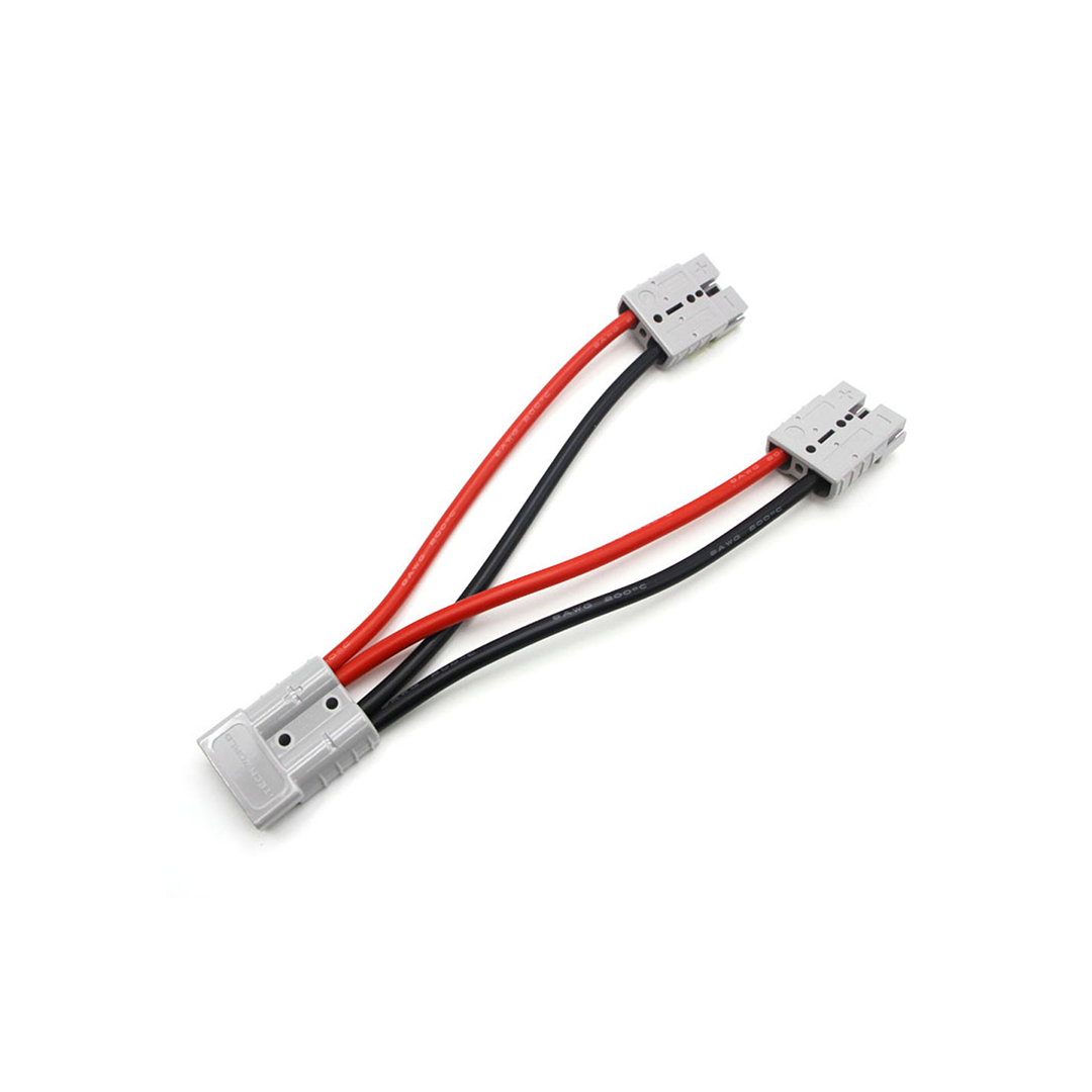 The iTechworld Anderson Parallel Cable 50A features a gray connector splitting into two with red and black wires, designed for lithium batteries. Suitable for 50 Amp applications. Shown on a white background.