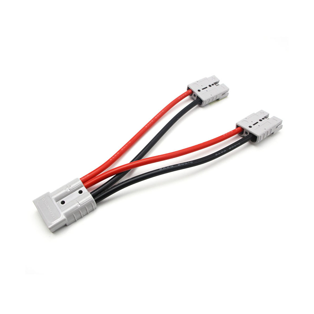 The iTechworld Anderson Parallel Cable 50A joins two cables (red and black wires) into a single gray connector at one end, splitting into two gray connectors at the other—ideal for lithium batteries.