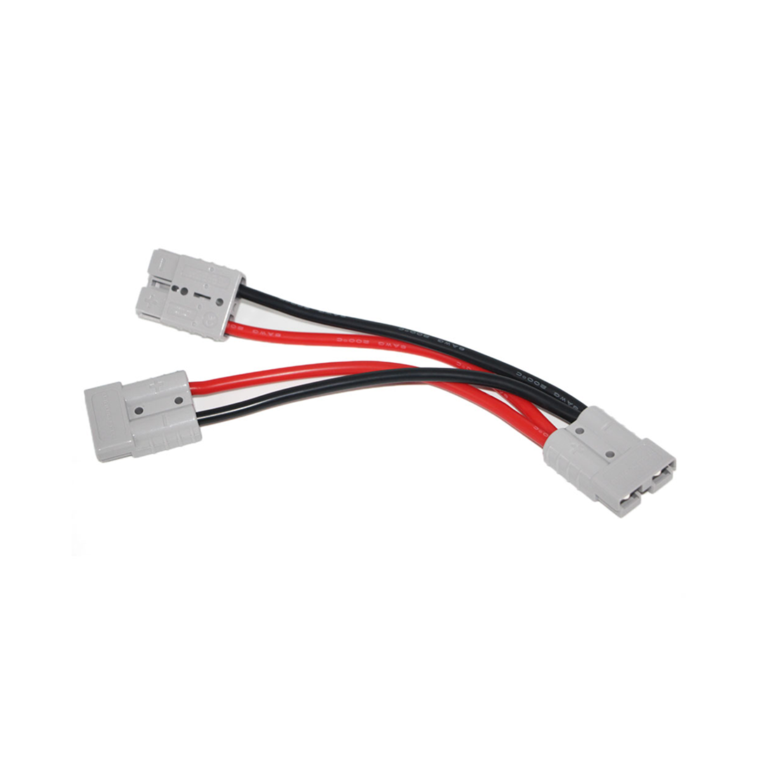 The iTechworld Anderson Parallel Cable 50A is a Y-shaped electrical connector with three plugs, featuring black and red wires, ideal for linking lithium batteries in parallel. Isolated on a white background.