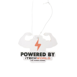 The iTechworld Air Freshener in New Car Scent features a white, flexing bodybuilder shape with an orange lightning bolt and Powered by iTechWorld: The Power Expert text. Includes a white hanging string and delivers long-lasting freshness.