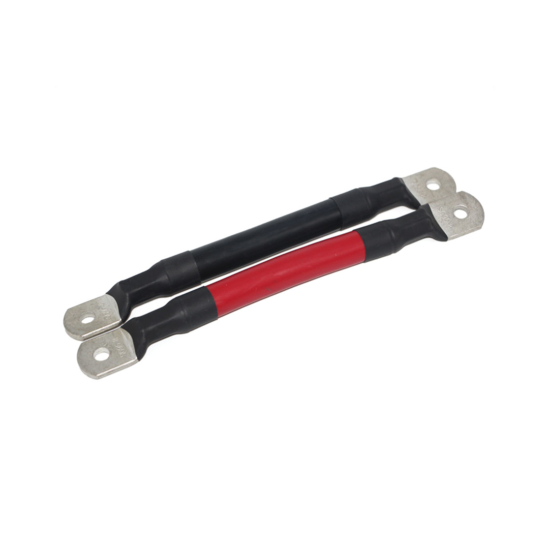 Two iTechworld 000AWG Battery Parallel Cables, one red and one black with metal terminals, are shown side by side on a white background.