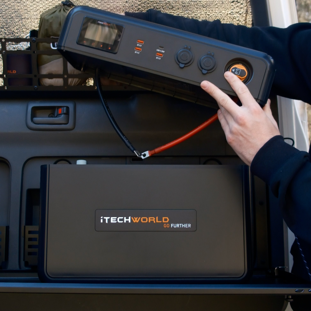Someone installs the iTechworld GoFurther Premium Battery Box with iTECHDCDC25 & iTECHBM500 with Shunt in their vehicle, setting up an off-grid power solution.