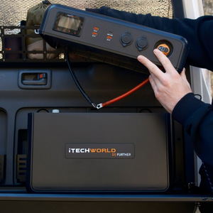 Someone installs the iTechworld GoFurther Premium Battery Box with iTECHDCDC25 & iTECHBM500 with Shunt in their vehicle, setting up an off-grid power solution.