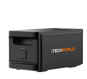 A black rectangular iTechworld PS1800 PRO portable power station with an orange and white logo, a handle, front covered outlet, and compatibility with the EB1536 120Ah Expansion Battery for seamless capacity expansion.
