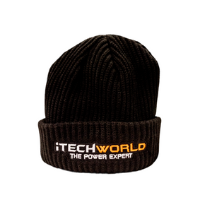 The iTechworld | Beanie | Embroidered is a black insulating beanie featuring THE POWER EXPERT stitched in white and orange on the brim—an ideal cold-weather accessory displayed on a white background.