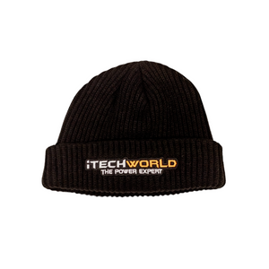The iTechworld | Beanie | Embroidered is a black, insulating beanie with a folded brim and the iTECHWORLD THE POWER EXPERT logo in white and orange—an essential for cold-weather comfort.