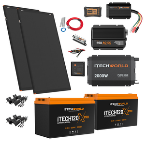 The Complete | Lithium 4WD/Caravan Kit | 240Ah features two solar panels, two lithium batteries, a 12V setup with 2000W inverter, charge controller, cables, brackets, and accessories—all organized on a white background.