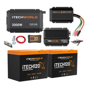 The iTechworld Complete Lithium 4WD Kit (210-240Ah) features two LiFePO4 batteries, a 2000W inverter, 40A DC-DC charger, cables, fuses, and a digital display—an ideal off-road power solution for any adventure.