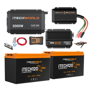 The iTechworld Complete Lithium 4WD Kit (210-240Ah) includes a 2000W inverter, two 12V lithium batteries, 40A AC-DC charger, wiring, connectors, and display panel—a perfect off-road power solution for any adventure.
