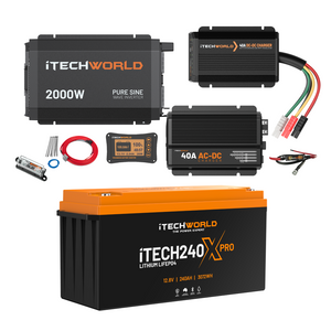 Discover the Complete Lithium 4WD Kit (210-240Ah) from iTechworld, featuring a 2000W inverter, 40A DC-DC and AC chargers, wiring, display, and robust off-road power—all in a compact battery system.