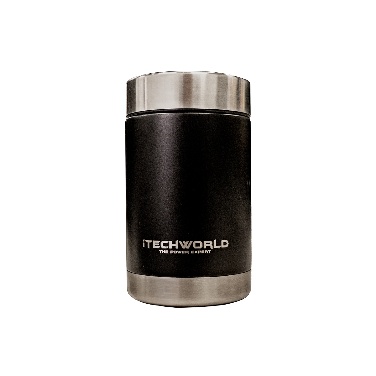 A black insulated stainless steel iTechworld Can Cooler (375mL) with silver top and bottom accents and ITECHWORLD THE POWER EXPERT printed on the front, shown isolated on a white background.