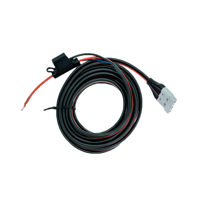 The Plug and Play | Wiring Kit | DCDC is a coiled black electrical cable featuring a fuse holder, white Anderson Connector, and stripped red wire—perfect for plug-and-play DCDC setups, shown on a white background.
