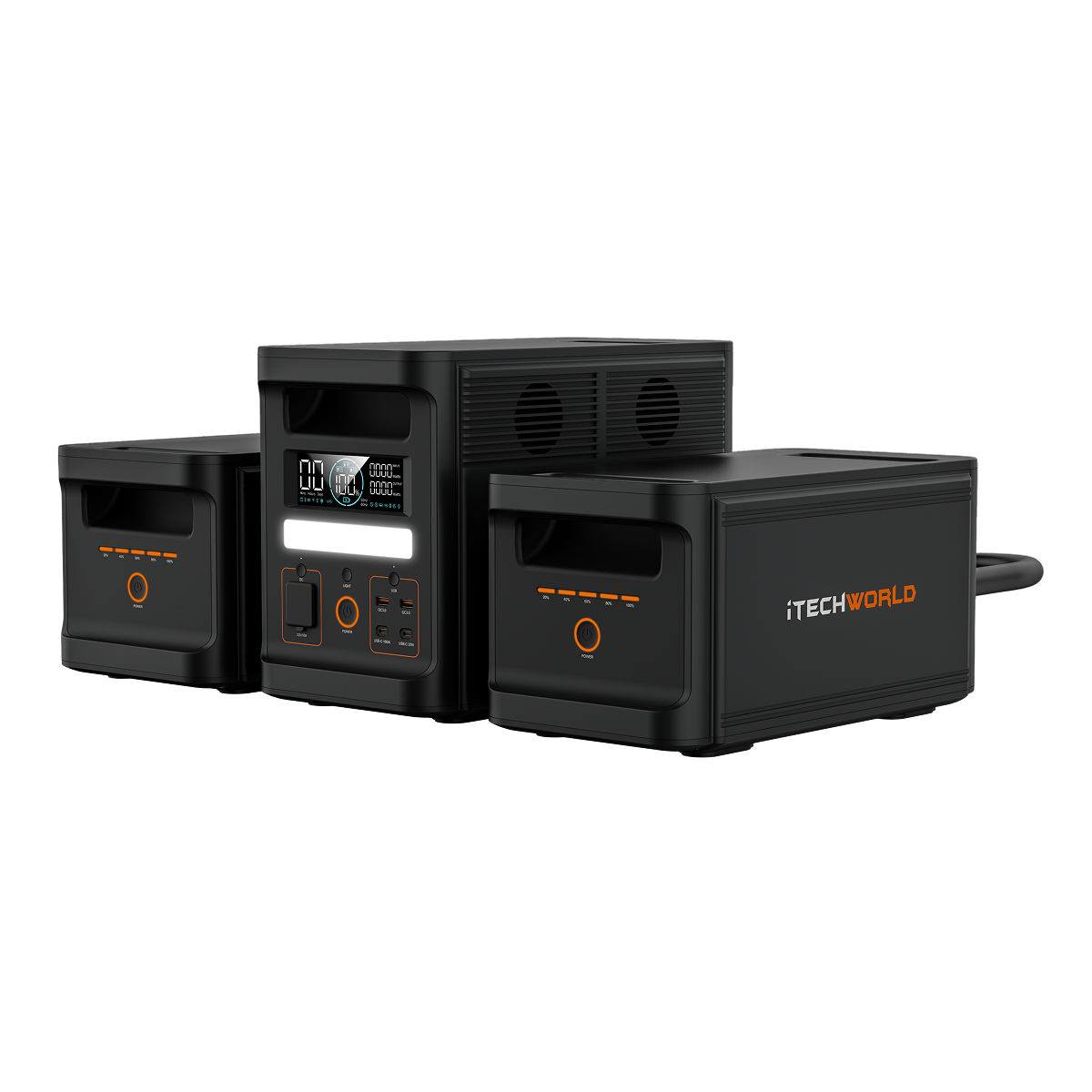 Three iTechworld PS1800 PRO Portable Lithium Power Stations (120Ah) with orange accents are side by side. The center unit shows buttons, power outlets, and an LCD screen, featuring advanced LiFePO4 battery technology.