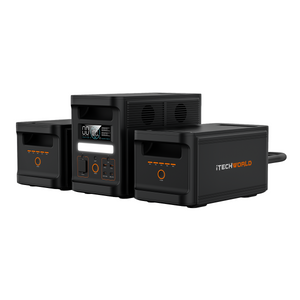 Three iTechworld PS1800 PRO Portable Lithium Power Stations (120Ah) with orange accents are side by side. The center unit shows buttons, power outlets, and an LCD screen, featuring advanced LiFePO4 battery technology.