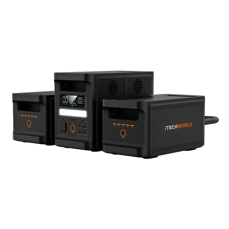 Three iTechworld PS1800 PRO Portable Lithium Power Stations (120Ah) with orange accents are side by side. The center unit shows buttons, power outlets, and an LCD screen, featuring advanced LiFePO4 battery technology.