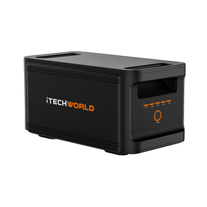 The iTechworld PS1800 PRO, a black portable power station with front power button and LED indicators, features dual handles and supports seamless expansion with the iTechworld EB1536 Expansion Battery (120Ah).