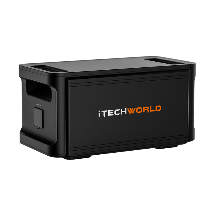 The iTechworld EB1536 Expansion Battery (120Ah) pairs with the PS1800 PRO power station, enabling expandable capacity in a sleek, portable black design with top handles.