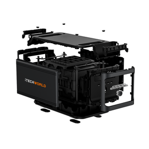 An exploded view displays the black iTechworld EB1536 Expansion Battery (120Ah) with its internal components suspended in mid-air, illustrating structure and power station compatibility.