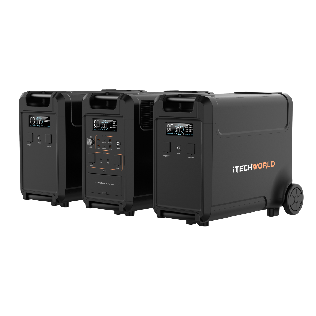 Three black iTechworld PS3600 PRO portable lithium power stations (3600W, 300Ah) with durable LiFePO4 batteries feature digital displays and multiple outlets; one has wheels and the iTechworld logo on its side.
