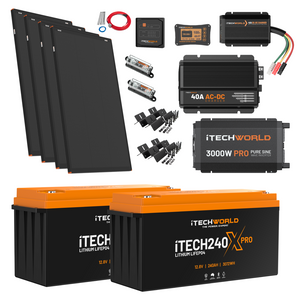 The Elite | Lithium Caravan Kit | 480Ah is a complete caravan power solution, including solar panels, lithium batteries, inverter, charge controller, cables, fuses, connectors, brackets, and monitoring equipment in one package.