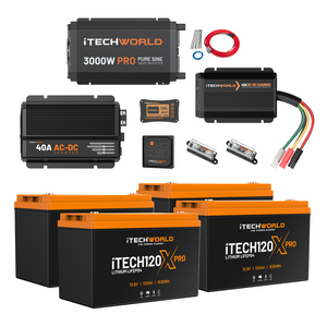 The Elite | Lithium Caravan Kit | 480Ah includes four lithium batteries, a 3000W inverter, a 40A AC-DC charger, DC-DC charger, fuses, cables, and a battery monitor—your ultimate caravan power solution.