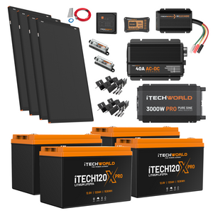 The Elite | Lithium Caravan Kit | 480Ah includes four solar panels, four iTECH120X Pro lithium batteries, a 3000W inverter, AC-DC charger, solar controller, cables, fuses, and mounting hardware—your all-in-one caravan power solution.