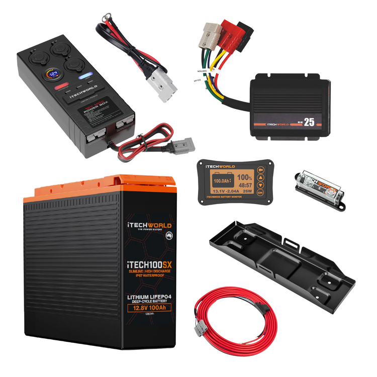The iTechworld Premium Slimline 4WD Dual Battery Kit features a 100Ah Lithium battery, voltage display, power controller, fuse, cables, connectors, and mounting bracket—ideal for canopy power setups and shown neatly arranged on a white background.